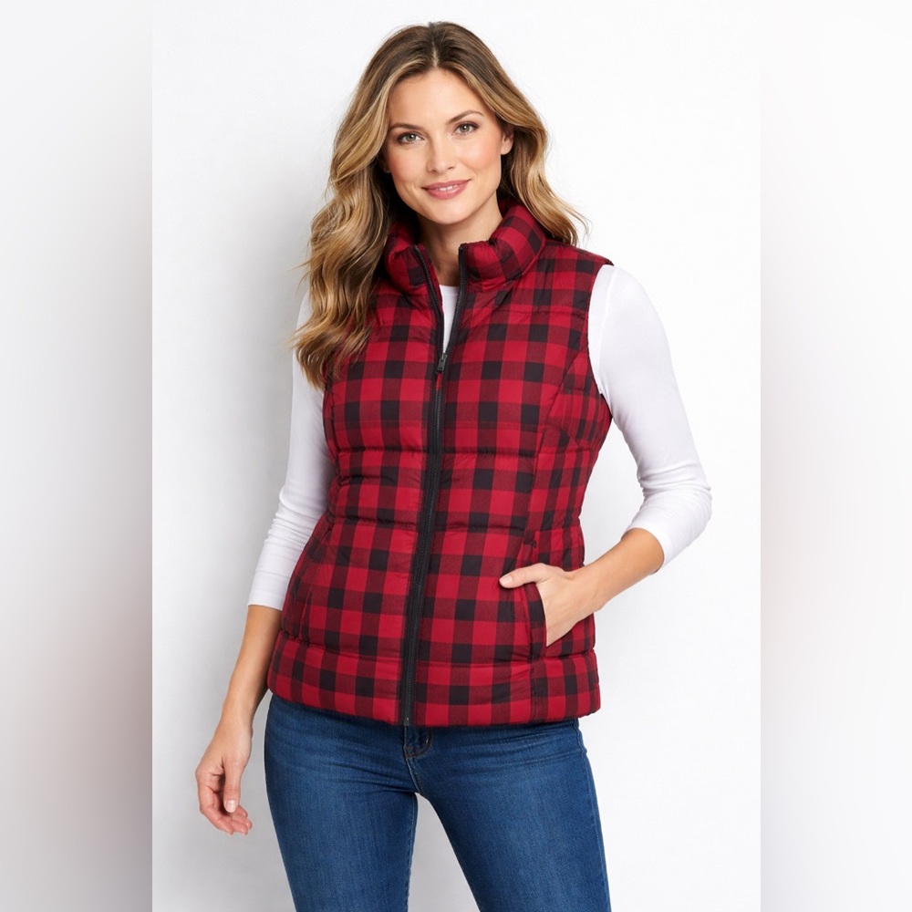 Ruffhewn Woman's Petite Medium Red‎ & Black Buffalo Plaid Puffer Vest Jacket